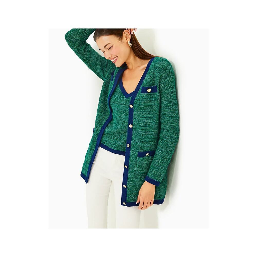 Lilly Pulitzer Moonlight Tweed Cardigan Deep Lagoon Blue Trim Gold Buttons M